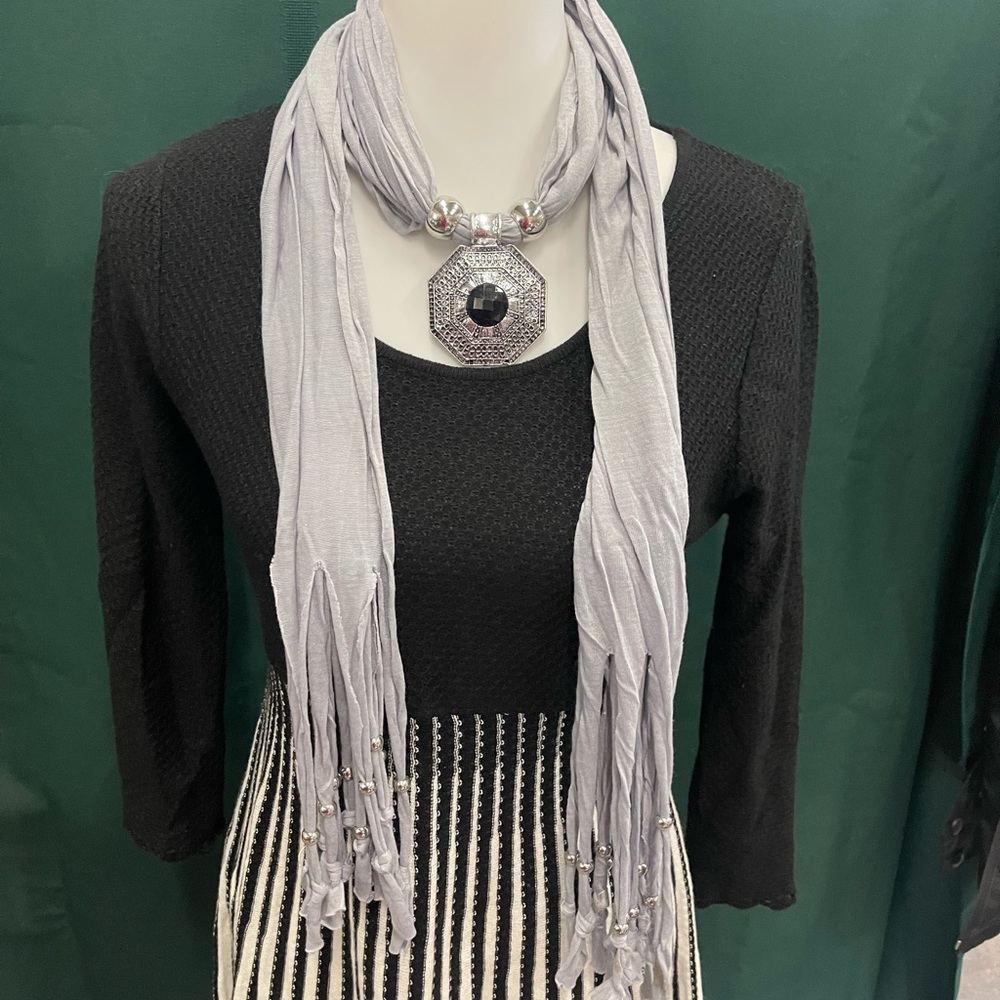 NEW gray scarf with decorative silver pendant